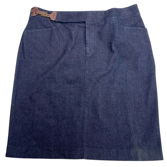 Lauren Ralph Lauren Dark Wash Denim Skirt Leather Buckle Pockets Size 16 - Picture 1 of 12